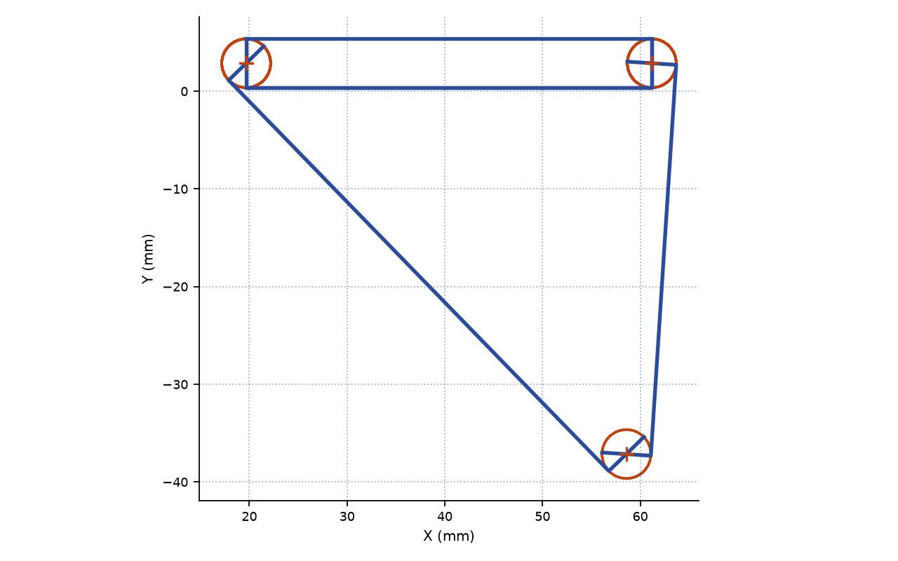 CAD sketch of one Jansen linkage leg: bars, pin joints and crank circle drawn in millimetres